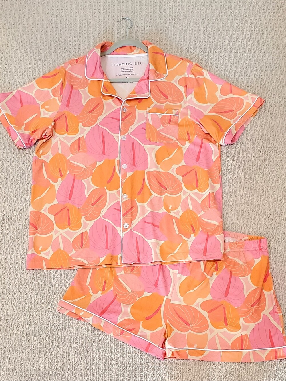 Fighting Eel Rosy Hues Grapefruit/Sangria Lei Fig Plumeria Pajama Set Bamboo XL